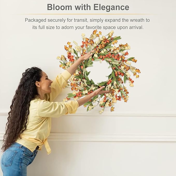 Artgar Fall Wreath, Fall Wreaths for Front Door, 24 in Fall Decor Floral Wreath, Door Wreaths for Front Door Outside All Season for Thanksgiving Home Indoor Outdoor Wall Decor (White Orange Yellow)