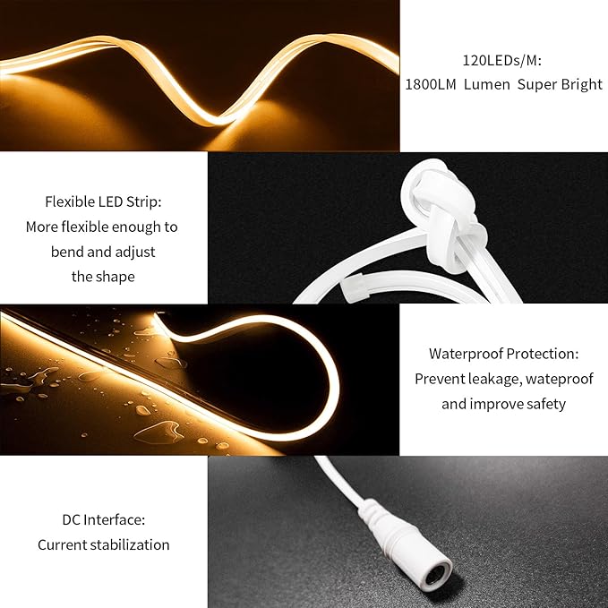 Outdoor LED Strip Lights Warm White, Neon Rope Lights 3000K IP65 Waterproof 24V DC with RF Remote, Neon Light Strip Dimmable Cuttable for Bedroom Under Cabinet Mirror House Pool 26FT