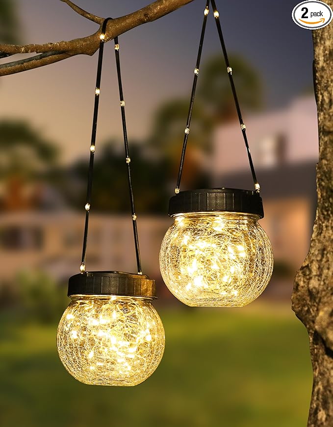 PARTPHONER Solar Lantern Solar Lights Outdoor Waterproof 2-Pack, Solar Powered Hanging Lights Cracked Glass Hanging Globes for Christmas Decoration, Shepherd Hook, Garden Tree Ornaments
