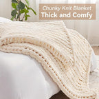 Chunky Knit Throw Blanket, 40''*50'' Knitted Throw Chenille Yarn for Bed Couch, Handmade Cream Crochet Big Thick Blanket, Machine Washable Cute Comfy Blanket for Home Decor