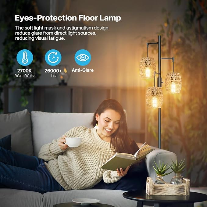 Boho Rattan Floor Lamp - Dimmable 70 Inch with Shades, Coastal 3 Light Bohemian Standing Lamp for Living Room Bedroom Office