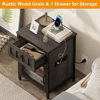 FATORRI End Table with Charging Station, Farmhouse Side Table with Drawer, Rustic Wood and Metal Nightstand and Bedside Tables for Living Room (Walnut Brown)