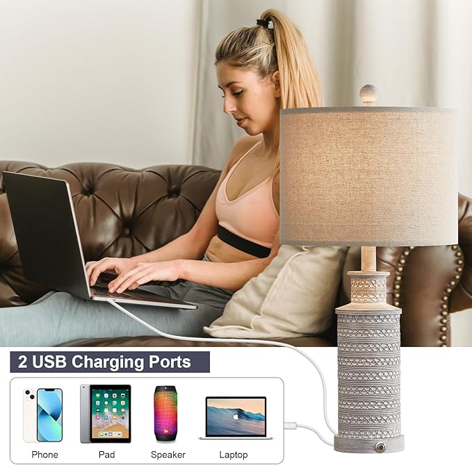 BOBOMOMO USB A+C 3-Way Dimmable Touch Control Table Lamp Set of 1 Vintage Rustic Farmhouse Traditional Nightstand Bedside Lamps(1 Bulb Included)
