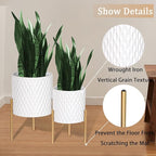 ARNIS Plants Pots with Stand, Set of 2 P lanters, Unique Mid Century Decorative Metal Flower Pots with Drainage, 8.25 & 10.5 Inch, White and Gold