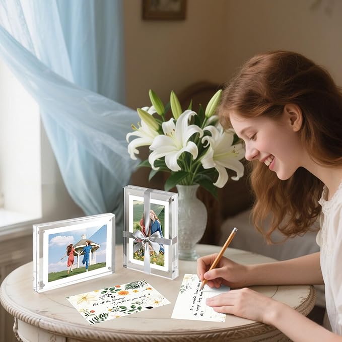 JOHOUSE 2 Pack 5 x 7 Acrylic Picture Frames, Double Sided Magnetic Photo Frames Self Standing Frameless Transparent for Desktop Display Gifts for Women