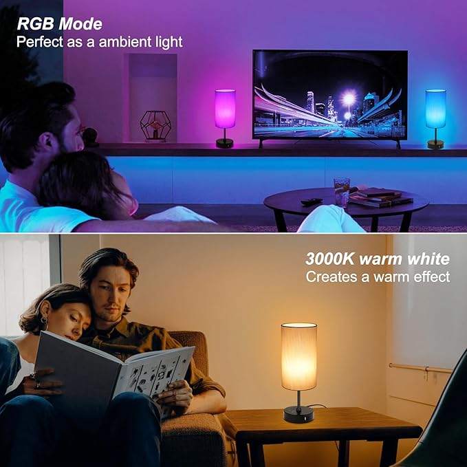Ascher RGB Table Lamp Color Changing - 3 Color Temperatures and Stepless Dimmable Small Bedside Lamp for Bedroom, Touch Control Nightstand Light with Grey Shade for Reading Home Decor Lights