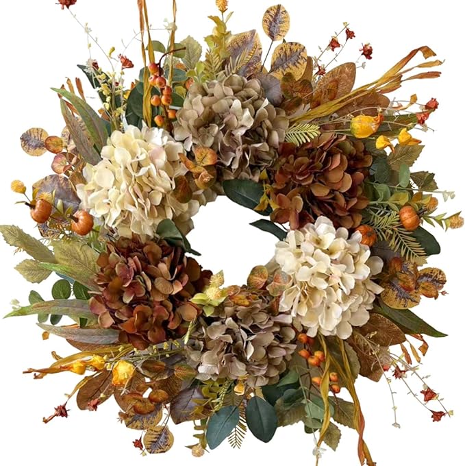 WANNA-CUL 24 Inch Fall Wreaths for Front Door with Hydrangea,Little Pumpkins-Fall Decorations for Home,Fall Door Wreath Decor for Autumn,Harvest, Halloween or Thanksgiving
