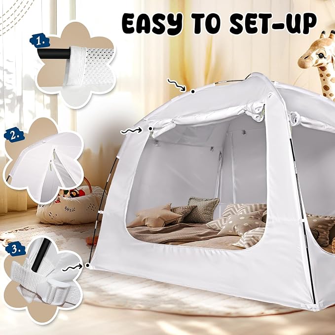 Bed Tent Bed Canopy Full Size for Kid and Adults 100% Breathable Tents 4 Doors 80% Blackout - Indoor Portable Sleeping Tents Privacy Large Space with String Light