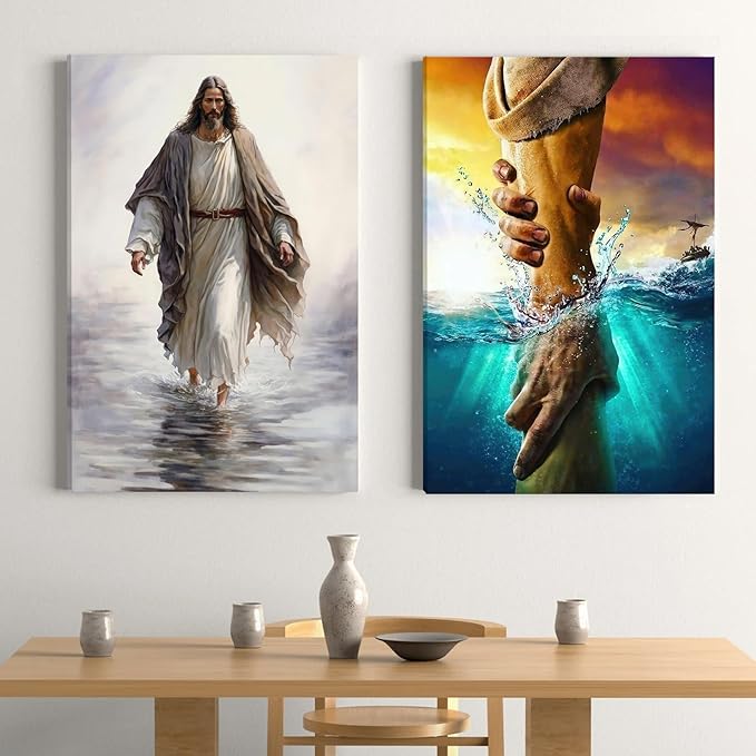 Fantasy Artists Jesus Christ Wall Art Jesus Walking On Water Canvas Print Christian Painting Biblical Wall Decor Religious Room Decor for Church Prayer Room Christian Schools Hospitals 24'' x 36''