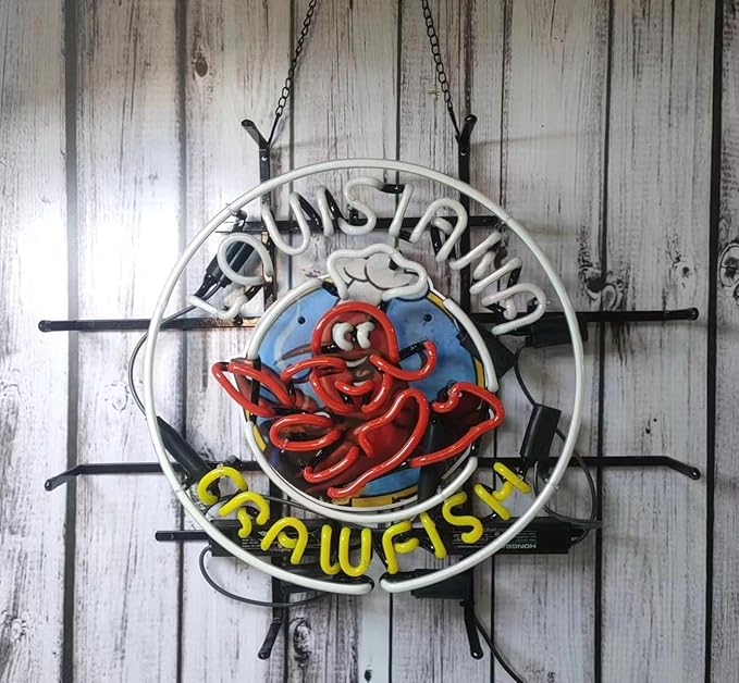 Neon Signs Beer Bar Louisiana Crawfish With Circle Border Glass Neon Signs for Office Pub Cafe Party Man Cave Neon Light Art Wall Lights 24 X 20 Inches