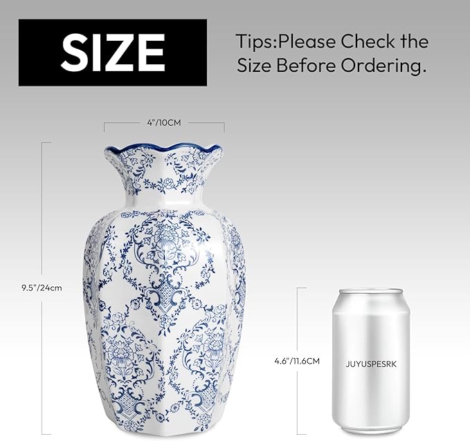 Chinoiserie Vase,9.5 inch Blue and White Vase,Vintage Ceramic Vases,Flower Vase for Centerpiece,Chinese Cute Vases (Blue White, Large)
