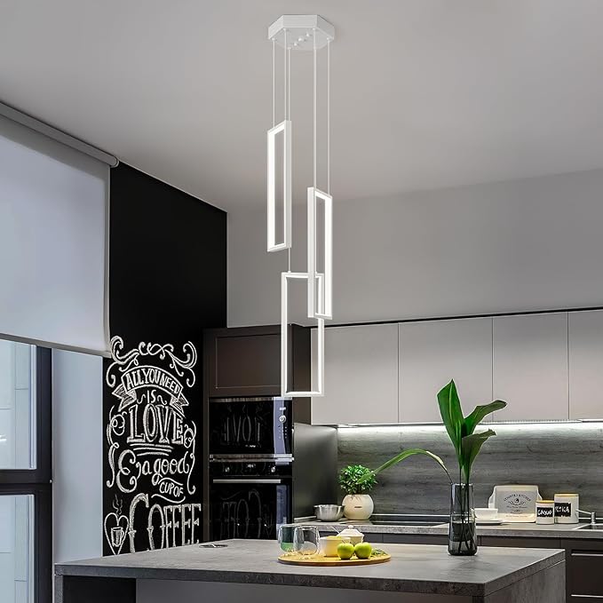 Modern Kitchen Pendant Light Fixture White 40W LED Pendant Light 3 Rings Rectangle Chandelier Pendant Lighting for Kitchen Island Living Room Dining Room Bedroom