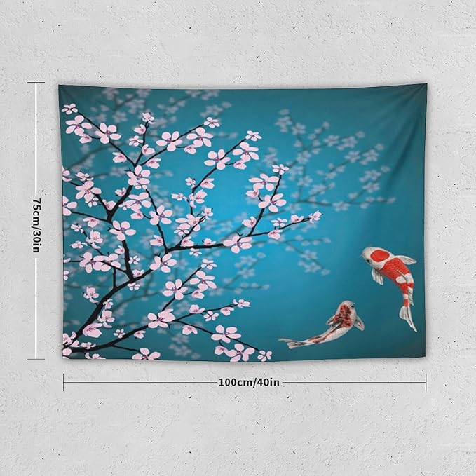 Japanese Koi Fish Tapestry, Cherry Blossoms Asian Oriental Green Teal Flower Branch Koi Fish Carp Tapestries Wall Hanging for Bedroom Living Room Office Decor 40"x30"