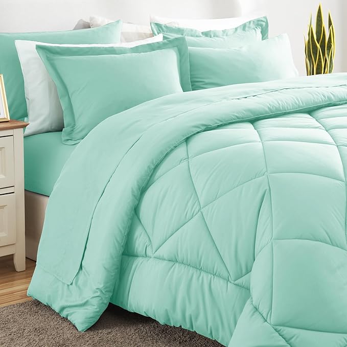 CozyLux King Size Comforter Set Mint Green - 7 Pieces Bed in a Bag King, Luxury Soft Bed Set for All Seasons, Bedding Set with Down Alternative Comforter, Sheets, Pillowcases & Shams