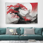 Cherry Blossoms Tapestry,Japanese Red Landscape Asian Watercolor Abstract Art Tapestry,Japanese Wall Tapestry, Nature Landscape Tapestries for Bedroom Living Room Decor 60"x40"