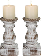 Candle Holder for Pillar Candle Set of 2, Farmhouse Wood Candle Holder, Rustic Wooden Candle Stand, Vintage Wooden Candlestick Holders Decorative for Living Room, Table Centerpiece, Washe White