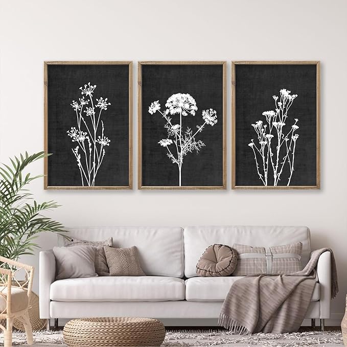Flower Plant Wall Art Decor 16"x11" Set of 3 Black And White Botanical Painting Wood Framed For Minimalist Bedroom Office Rustic Living Room Abstract Wildflower Sign Hanging (Wood Black)