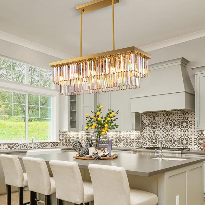 Siljoy 10 Lights Modern Crystal Chandelier Gold Rectangular 2 Tiers Crystal Raindrop Chandelier Luxury Adjustable Rectangle Flush Mount Pendant Ceiling Light for Dining Room Kitchen Island Bar L40''