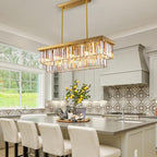 Siljoy 10 Lights Modern Crystal Chandelier Gold Rectangular 2 Tiers Crystal Raindrop Chandelier Luxury Adjustable Rectangle Flush Mount Pendant Ceiling Light for Dining Room Kitchen Island Bar L40''