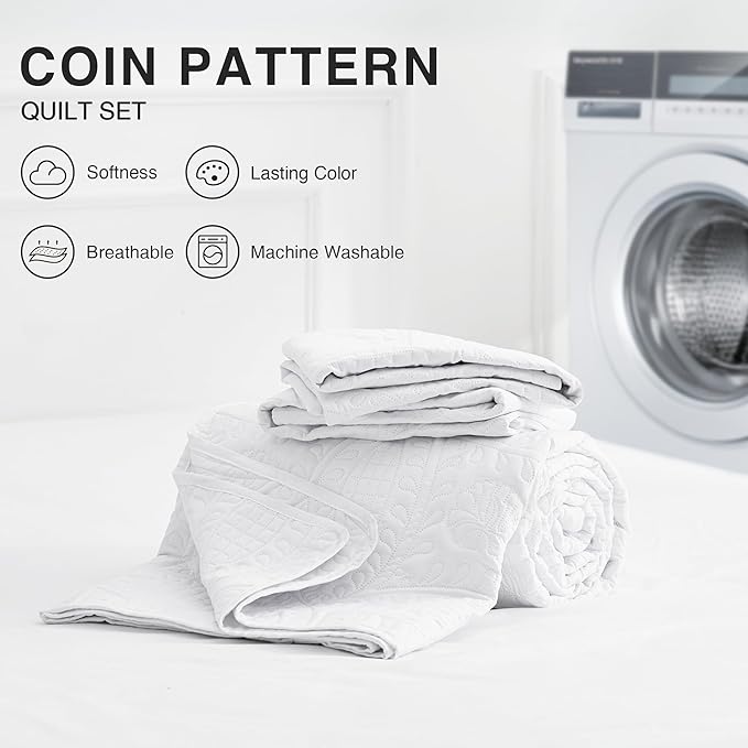 Love's cabin Quilts for Queen Bed White Bedspreads - Soft Bed Summer Quilt Lightweight Microfiber Bedspread- Modern Style Coin Pattern Coverlet for All Season - 3 Piece (1 Quilt, 2 Pillow Shams)