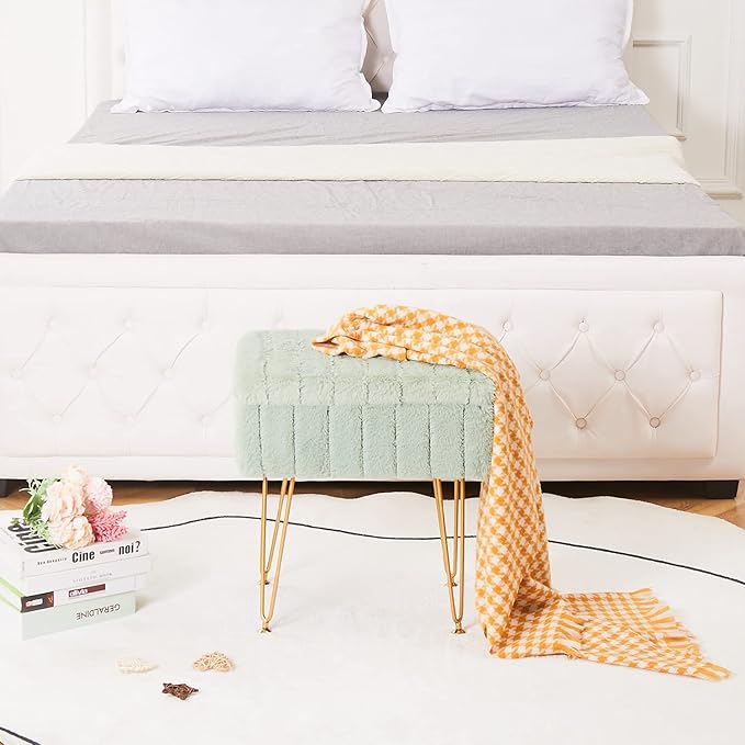 Wimarsbon Faux Mink Fur Storage Ottoman, Modern Soft Footstool, Storage Bench with Metal Legs, Vanity Seat, Fur Stool, Ottoman Coffee Table, Makeup Chair, Vanity Stools for Bedroom (Light Green)
