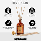 Craft & Kin Sage, Mint & Lavender Reed Diffuser | All Natural Essential Oil & 8 Rattan Scent Sticks | Reed Diffusers for Home, Bathroom | Long Lasting Home Fragrance in Amber Glass, 5.75oz