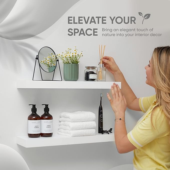 Homeforia White Floating Shelves 24 inch, High End Solid Real Wood 24inch Bathroom Floating Shelf for Wall Mounted, White Wooden 24in Floating Shelves, Heavy Duty Bracket, 24 X 6.5 X 1.75 in, Set of 2