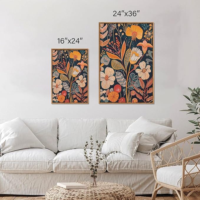 SIGNINART Boho Botanical Framed Canvas Wall Art Set of 3, Mid Century Modern Wall Decor, Burnt Orange Floral Artwork, Neutral Flower Plant Art Prints for Bedroom Living Room Office 24"x36"x3