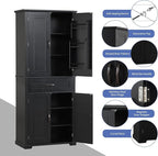 72.2" Tall Storage Cabinet with 4 Doors and Drawer, Freestanding Linen Cabinet, Wooden Pantry with Adjustable Shelf for Kitchen, Bathroom, Living Room Black