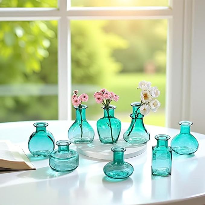 Bud Vases in Bulk Small Glass Green Vase Set of 8 Different Shape Smooth Surface Vintage Mini Tiny Vases Modern Cute for Flowers Table Wedding Decor Centerpieces Home Party Dining Room