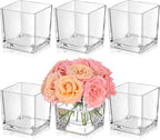 KEYWING 6 Pack Square Glass Vase 4" x 4" x 4", Clear Flower Vases for Centerpieces, Square Glass Cube Vase Candle Holder for Wedding, Party, Home Office Decoration