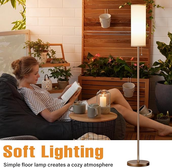 Ambimall Floor Lamp with 3 Color Temperatures Bulb, 64" Standing lamp with Linen lampshade for Bedroom, Minimalist Pole Lamp, White Shade & Brown Pole