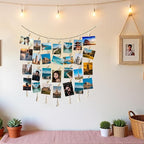 Hanging Photo Display Wall Decor, Macrame Wall Hanging Boho Room Bedroom Decor, Boho Wooden Beads Garland Collage Picture Card Frame Holder with 40 Clips for Bedroom Living Room Dorm, Tapestry