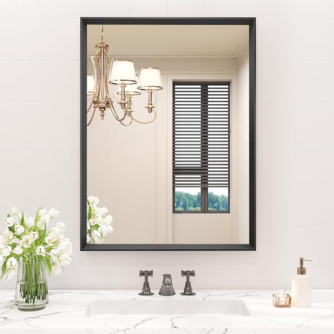 Rectangle Bathroom Mirror 28x36 Inch, Matte Black Framed, 4MM Tempered Glass, Anti-Rust, Wall-Mount Vanity Mirror for Bathroom & Bedroom, Hangs Horizontally or Vertically