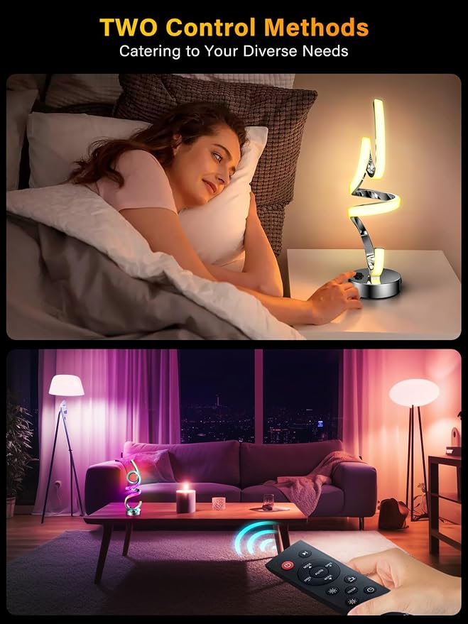 Modern Spiral Table Lamp Color Changing Night Light Rechargeable LED Nightstand Lamp Dimmable Bedroom Lamp Remote Control for Home Decor Living Room Bedroom Office