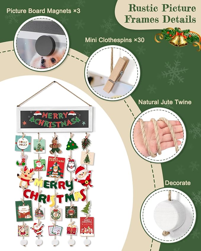 Bikoney Picture Frames Collage Wall Decor Photo Hanging Display Picture Board Wood Rustic Frames for Home Dorm Room Decor with Blackboard and 30 Clips White