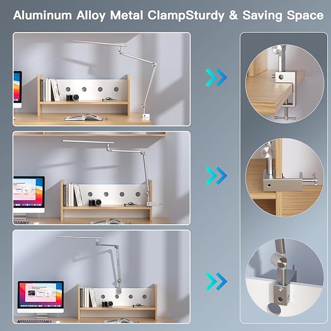 VERSKI LED Desk Lamp, Dual Light Source 18W Brightest, Eye-Caring Optical Lens, Task Lamp with 5 Color Modes & Brightness, Aluminum Alloy Clip or Clamp