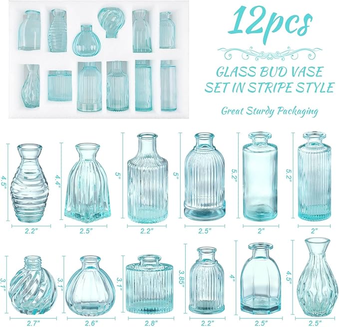 Bud Vases Set of 12, Blue Glass Vase Small Vintage Flower Vase for Decor Ribbed Glass Bud Vases in Bulk Wedding Decor Bridal Shower Party Centerpieces Home Room Table Decorations