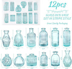 Bud Vases Set of 12, Blue Glass Vase Small Vintage Flower Vase for Decor Ribbed Glass Bud Vases in Bulk Wedding Decor Bridal Shower Party Centerpieces Home Room Table Decorations