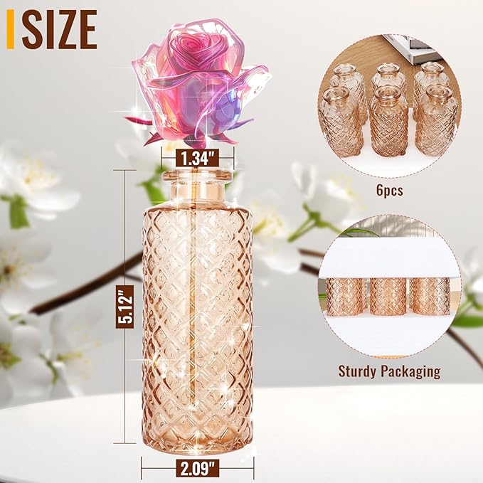 Glass Flower Vase, Amber, Aromatherapy Bottle, Small Vase, 6 Sets, Simple Solid, for Birthday, Anniversary, Weddind, Home Decoration