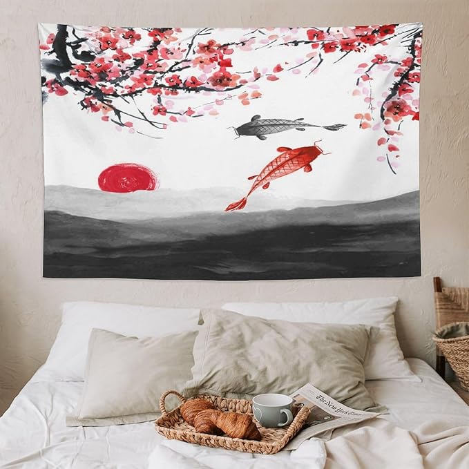 Houselerax Japanese Koi Fish Tapestries, Cherry Blossoms Asian Oriental Flower Branch Koi Fish Carp Tapestry Wall Hanging for Bedroom Living Room Office Decor 90"x60"