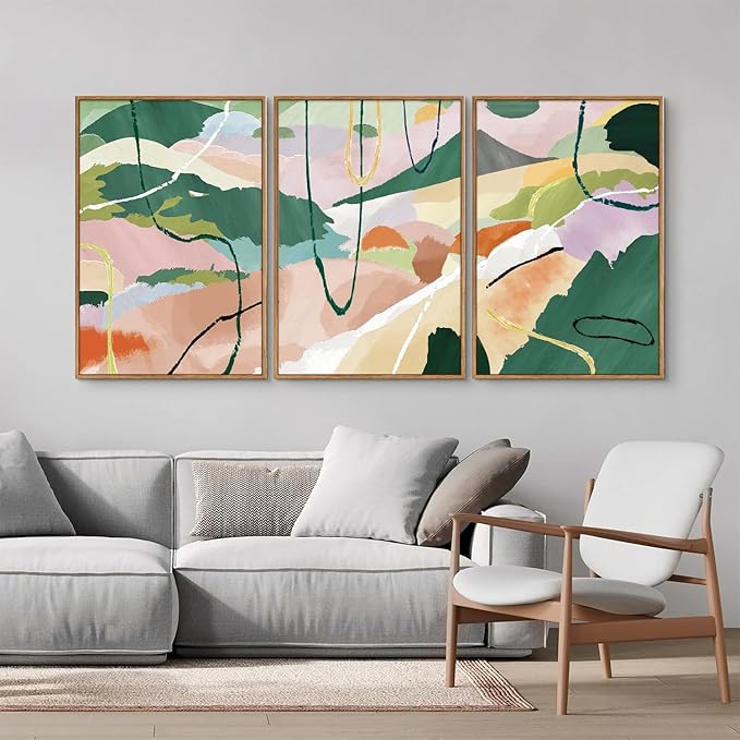 Tinonedraw Colorful Abstract Framed Canvas Wall Art Set of 3, Green and Pink Oils Inks Artwork, Neutral Modern Minimalist Wall Decor for Living Room, Bedroom, Office 16"x24"