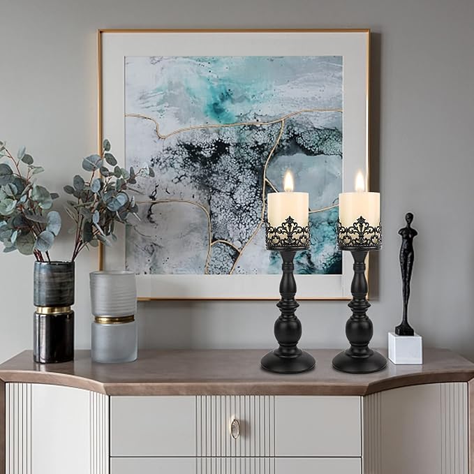 Candle Holders for Pillar Candles Gothic Matte Black Vintage Tall Candle Holders Set of 2 Decorative Large Table Centerpieces Candle Stand Decor (Black 2PCS A)