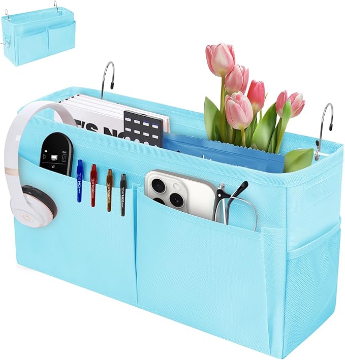 Bedside Caddy Organizer with Fixed Straps, Bunk Bed Caddy ideal for Home, Bunk Bed, Dorm, Hospital, Crib, Versatile Bedside Storage Solution (Blue)