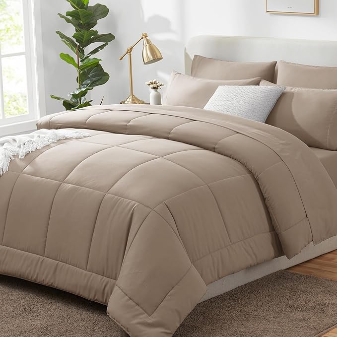 CozyLux King Size Comforter Set Khaki, 7 Pieces Bed in a Bag, Khaki Comforter King Size, All Season Bedding Sets with Stitch Quilted Comforter, Flat Sheet, Fitted Sheet, Pillowcases