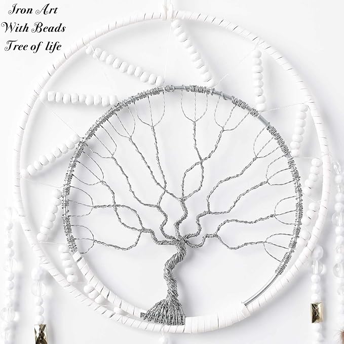 7 Chakras Tree of Life Dream Catcher Wall Decor with Rainbow Healing Crystal Stone Handmade White Feather DreamCatchers Wall Hanging Ornaments for Bedroom Home Decor Blessing Gift Wedding Party -22"
