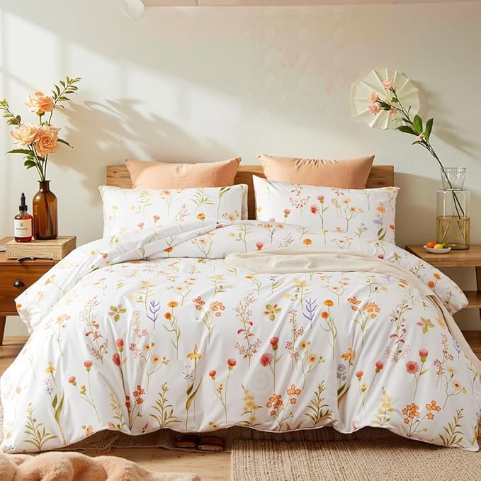 Floral Comforter Set King Size - 3 Pieces Colorful White Floral Comforter Bedding Sets Tropical Flowers Pattern,King Bed in a Bag with Heart Comforter and 2 Pillowcases