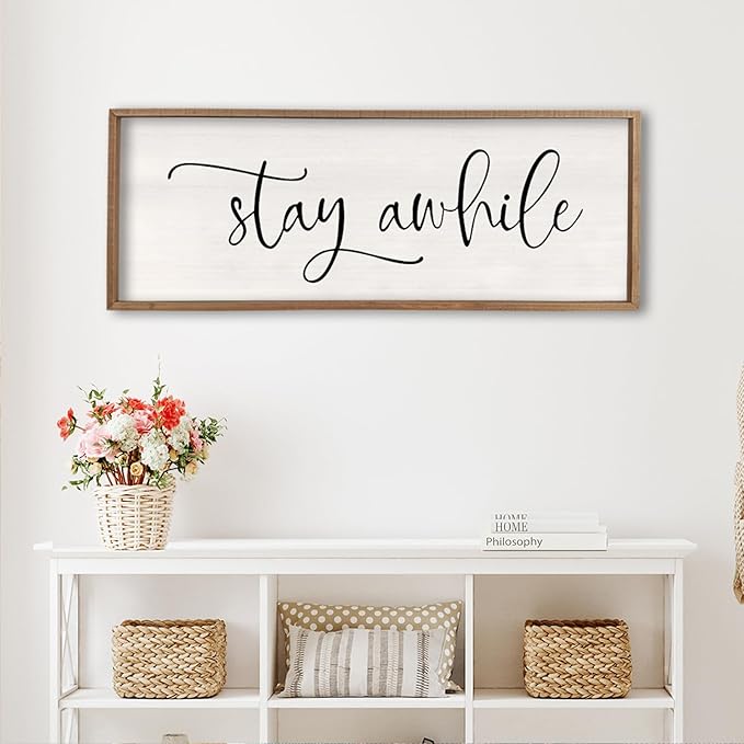 Stay Awhile Sign Wall Decor Sign 40"X15" Large Living Room Entryway Wood Framed Rustic Wall Decor for Vintage Farmhouse Foyer Hanging Lets Stay Home Wall Art (Wood)