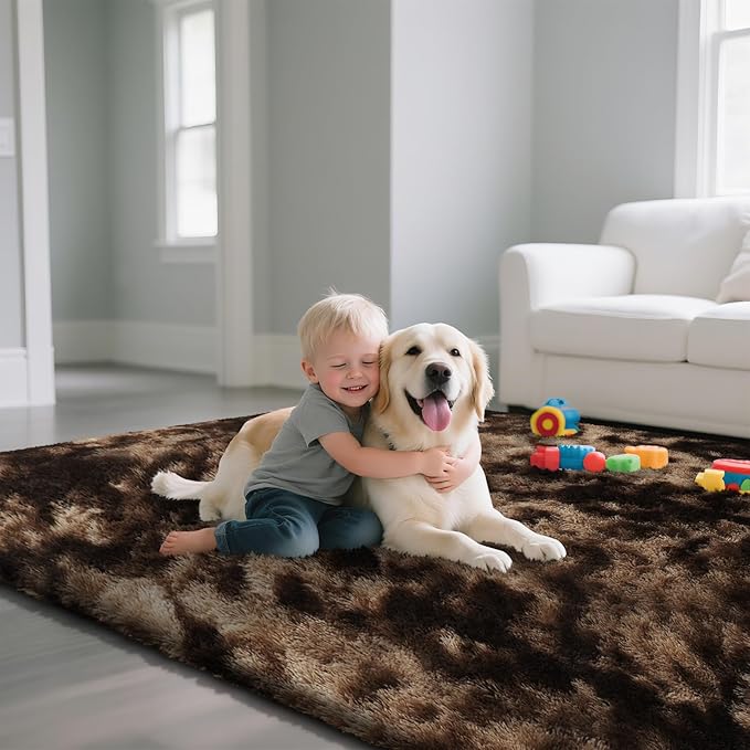 Fluffy Rug Shaggy Area Rug, Mottling Brown 9x12 Area Rugs for Living Room, Large Shag Area Rugs for Bedroom Kids Room Home Decor, Upgrade Anti-Skid Rectangular Fuzzy Rugs