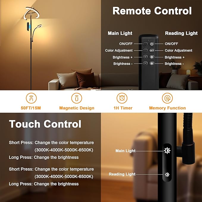 Floor Lamps for Living Room, Upgraded 2-in-1 Dimmable Standing Lamp 3000-6500K, 29W Rotatable Floor Reading Light, Remote and Touch Control Uplighter Floor Lamp for Living Room Bedroom Office